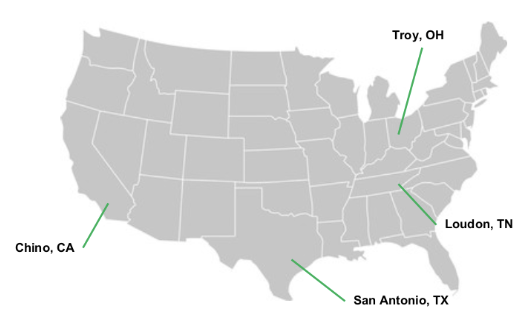 Komyo Logistics map showing locations in Chino, Troy, Loudon, and San Antonio.